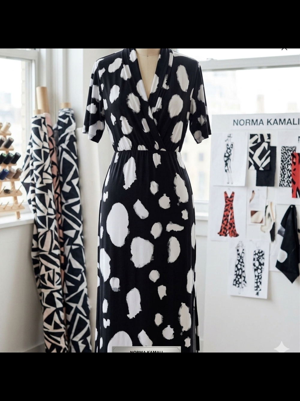 Norma Kamali Black and White Abstract Wrap Midi Dress